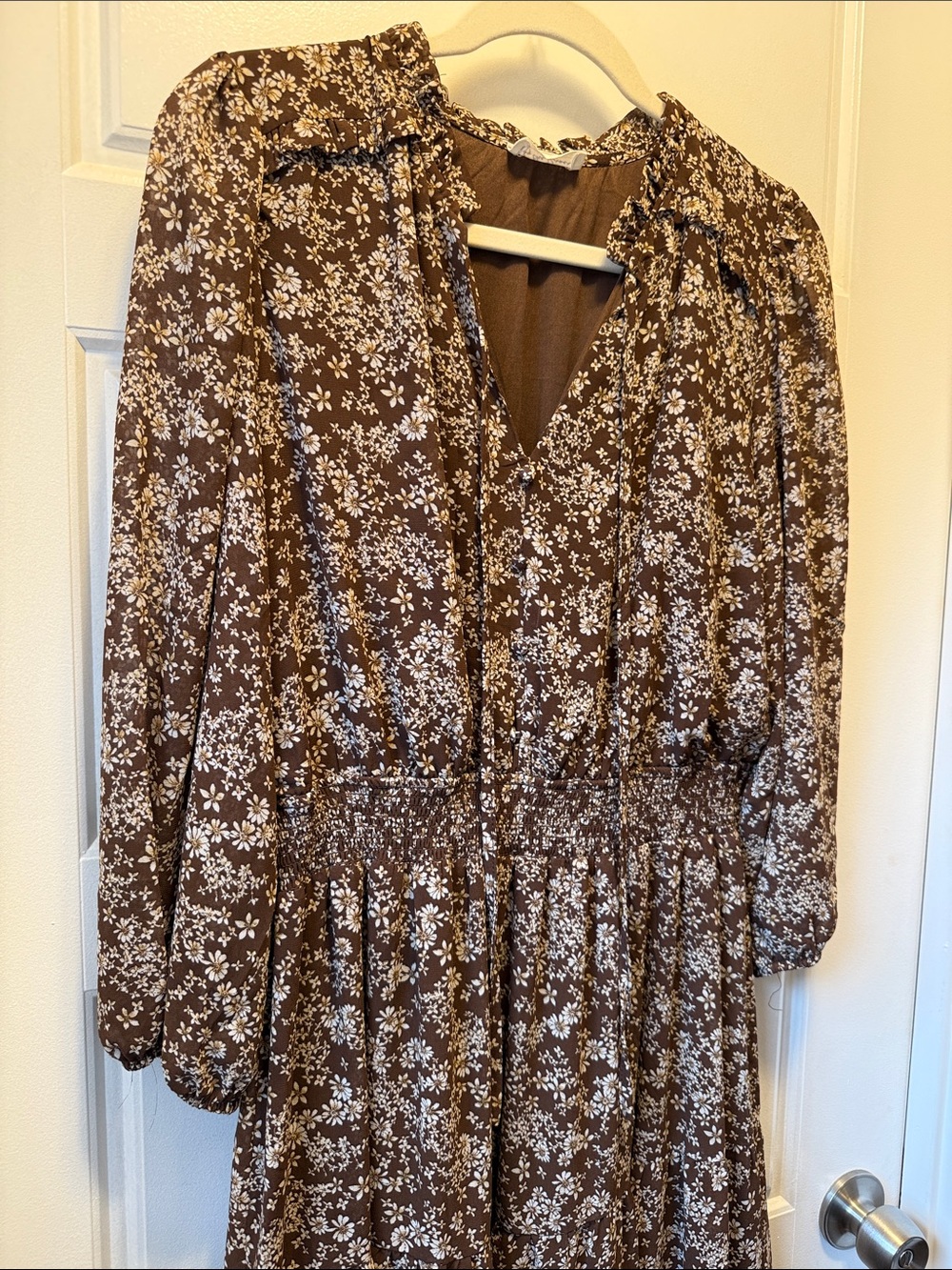 Women's Brown Floral Long-Sleeve Smocked Waist Dress